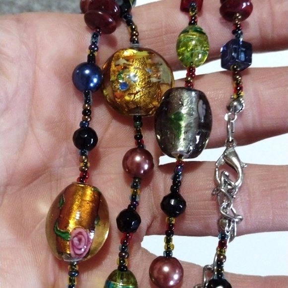 ESMOR MULTICOLORED ART GLASS AND MIXED BEADED SILVER-TONE 37-41" NECKLACE - Picture 6 of 11